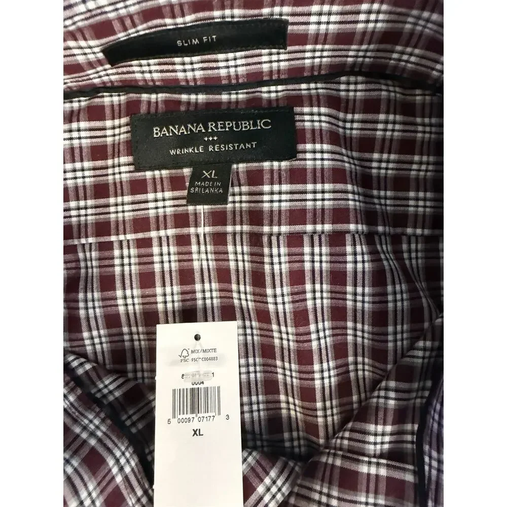 Banana Republic Men’s XL Slim Fit Wrinkle Resistant Burgundy Plaid Shirt NWT